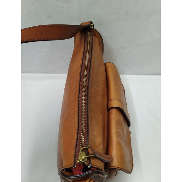 Fossil Brown Tan Leather Front Pocket Zipper Closure Crossbody Bag - Picture 7 of 16
